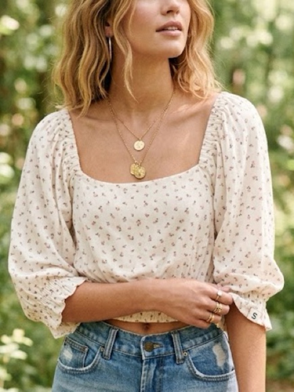 Billabong Royal Wear Ditsy Floral Smocked Peasant Crop Top In Salt Crystal